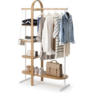 image:imageUmbra Bellwood Garment Rack Shoe Rack with Shelves WhiteNatural  Eucalyptus wood construction space saving design multi functional storage 121 lb weight capacity wipe clean surfaceWhiteNatural
