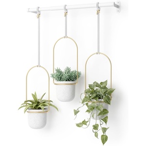 image:imageUmbra Triflora Hanging Planter Indoor Herb Garden Set of 3 WhiteBrass  Extendable metal rod adjustable rope lengths fits standard pots wall or ceiling mount holds 15 lbs recycled plasticWhiteBrass