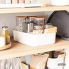 image:imageUmbra Bellwood Stackable Bins Medium 11x7Inch WhiteNatural  Removable dividers integrated handles pantry and cabinet storage recycled plastic and woodNaturalWhite