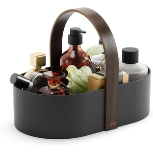 image:imageUmbra Bellwood Makeup Organizer with Handle Large WhiteNatural  Three tier capacity removable brush cup integrated carry design vanity countertop use sixty percent recycled plasticBlackWalnut