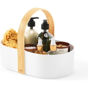 image:imageUmbra Bellwood Makeup Organizer with Handle Large WhiteNatural  Three tier capacity removable brush cup integrated carry design vanity countertop use sixty percent recycled plasticWhiteNatural