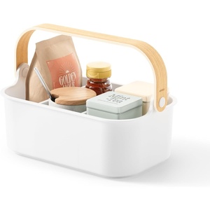 image:imageUmbra Bellwood Stackable Bins Medium 11x7Inch WhiteNatural  Removable dividers integrated handles pantry and cabinet storage recycled plastic and woodNaturalWhite