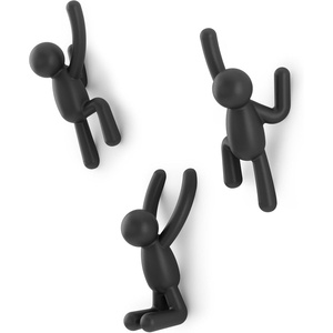 image:imageUmbra Buddy Wall Hooks Decorative Wall Mount Coat Hooks Set of 3 Black  Easy install with hardware holds 5lbs per hook entryway bedroom bathroom dorm playful hanging storage recycled plasticBlack