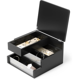 image:imageUmbra Malibu Jewelry Box 3Tier Real Wood Storage Organizer Black  Linen lined compartments fluted glass accents nonslip rubber feet surface protection 1year warrantyBlack