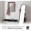 image:imageUmbra Hub Floor Length Mirror with Storage Rack Modern Black Rubber Rim and Solid Wood Storage Ladder BlackNatural Finish