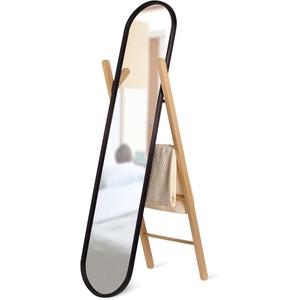 image:imageUmbra Hub Floor Length Mirror with Storage Rack Modern Black Rubber Rim and Solid Wood Storage Ladder BlackNatural Finish