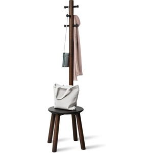 image:imageUmbra Pillar Coat Rack with Stool Freestanding 6 Hooks BlackWalnut  Rubberwood and metal construction spacesaving vertical design no tools assembly holds bags or plants